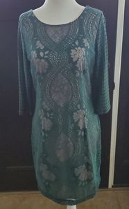 Green sheath lace dress with nude lining